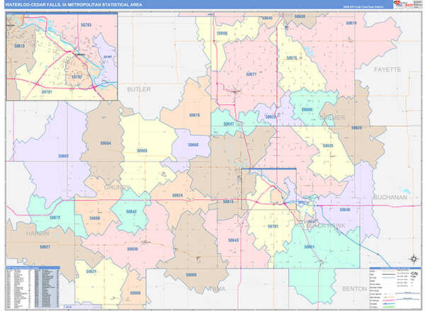 Waterloo-Cedar Falls Metro Area Wall Map Color Cast Style